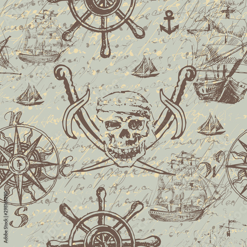Vintage nautical map with sailboats, ship steering wheel, jolly roger and continents. Seamless pattern. Hand drawing. Grunge texture.
