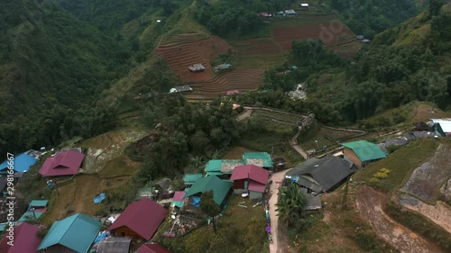 Aerial Drone footage of Cat Cat Village near Sapa in Northern Vietnam - October 2019