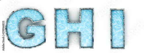 Water letters G, H, I. Typeface 3d render. Alphabet pool. Path save.