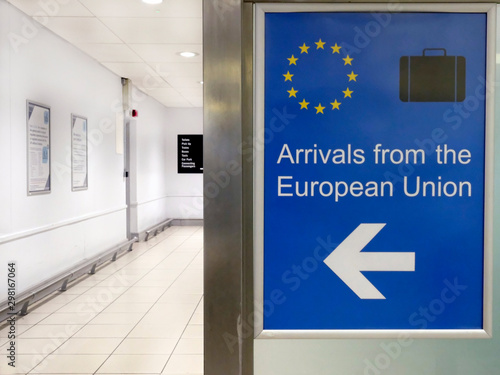 London, UK - 23 October 2019: A blue sign with the words "Arrivals from the European Union" at London City Airport