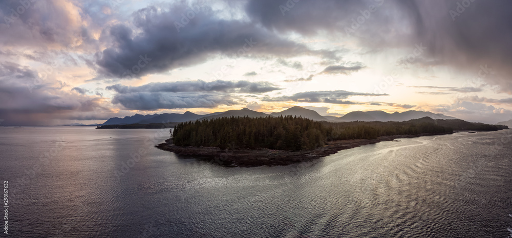 Beautiful Panoramic View of American Landscape on the Ocean Coast during a dramatic stormy sunset. Taken near Ketchikan, Alaska, United States.