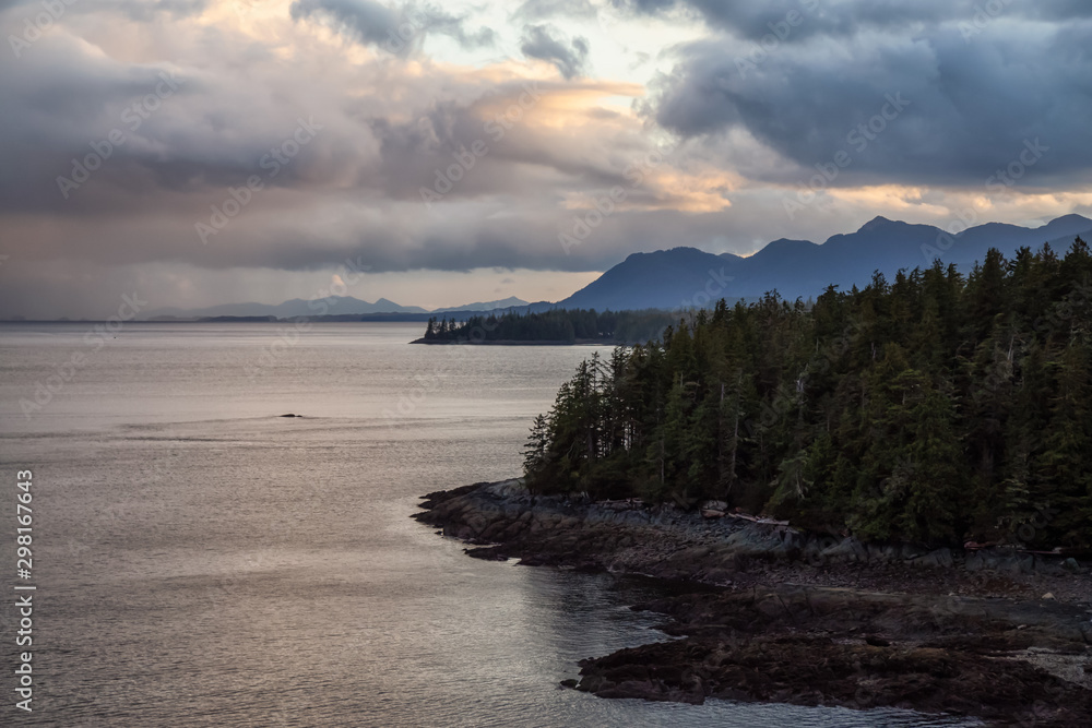 Beautiful View of American Landscape on the Ocean Coast during a dramatic stormy sunset. Taken near Ketchikan, Alaska, United States. Beautiful View of American Landscape on the Ocean Coast during a dramatic stormy sunset. Taken near Ketchikan, Alaska, United States.