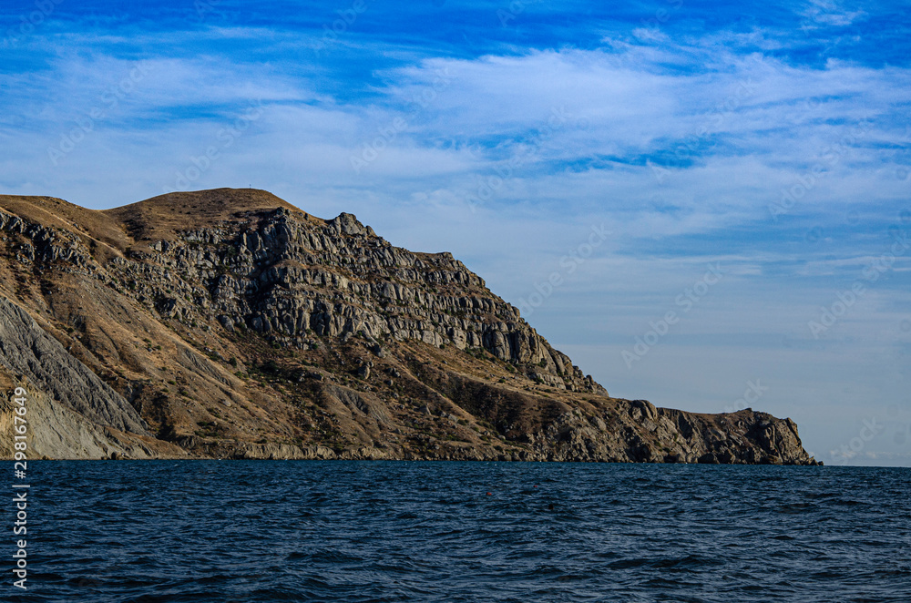 Seascape, day, sea, mountains rocky coast.