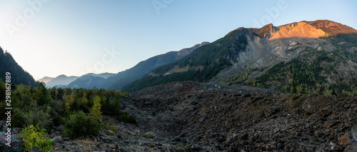 Beautiful Panoramic View of Famous Hope Rock Slide during a sunny summer sunset. Taken near Hope, East of Vancouver, British Columbia, Canada.