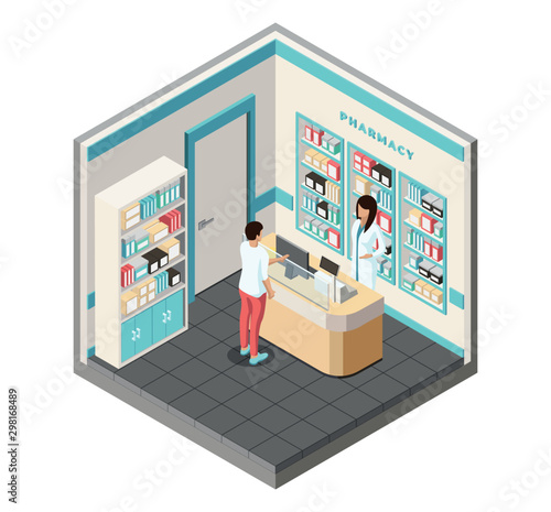 Isometric pharmacy illustration. Doctor pharmacist and patient in drugstore. Pharmacy purchases.