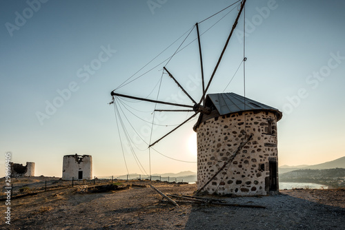 Demolished old windmills on the hill in the city of Bodrum in Turkey