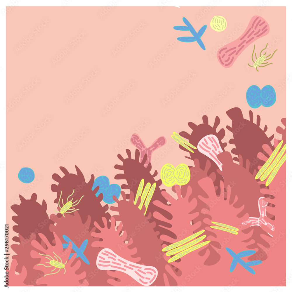 Abstract vector illustration of the intestinal cavity with enlarged microorganisms of normal microflora.