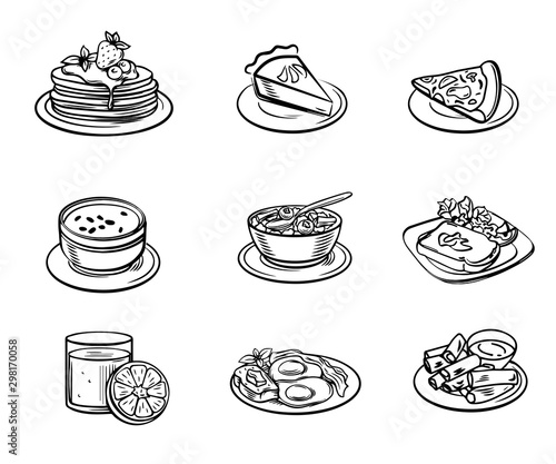 Drawn sketches of food and drinks. Icons and symbols can be used on the website or in the restaurant menu, illustrations for recipes or price pages, Menu food icons handmade chalk on a blackboard