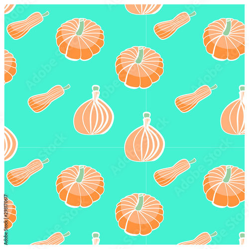 Vector illustration of a pattern of different types of pumpkins.
