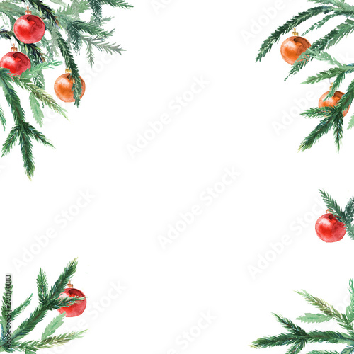 Fir tree branches border with christmas balls. Christmas and New year card, empty blank. Watercolor.