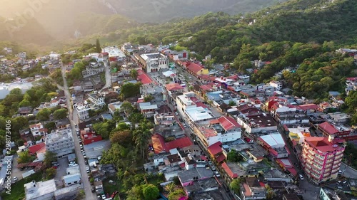 Aerial Drone view of Xilitla in San Luis Potosí, Mexico. Pueblo Mágico mexican culture and tourism destination. photo