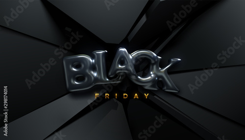 Black Friday Sale label. Vector ad illustration. Promotional marketing event. Glossy rubber letters on black fractured background. Design element for sale or discount banners, posters, cards