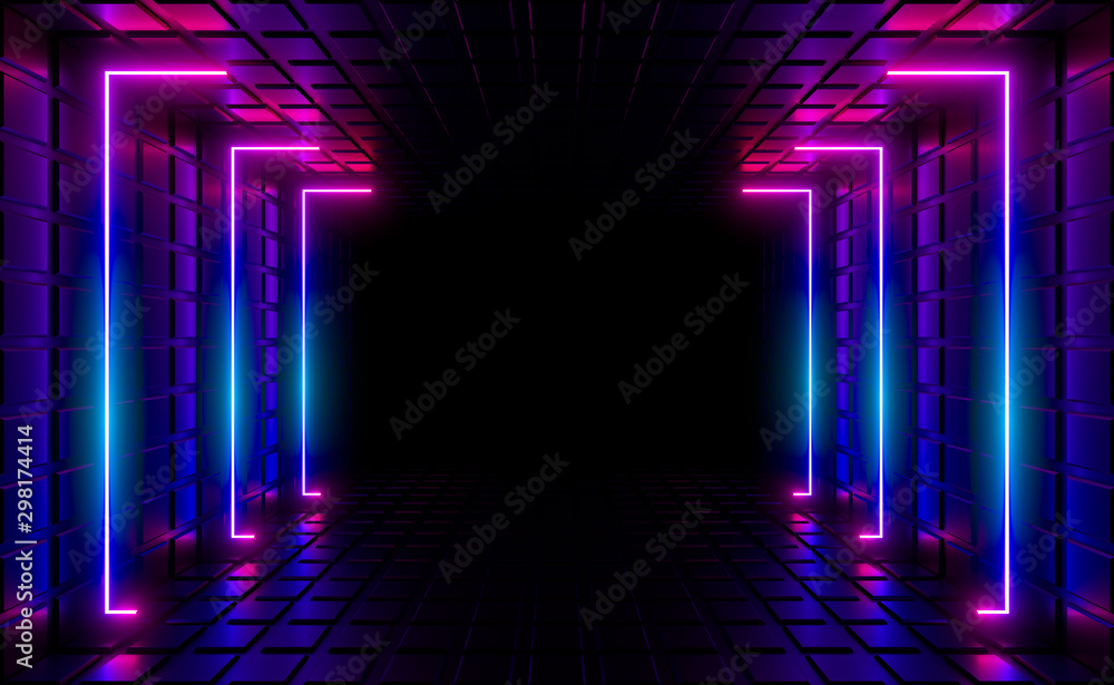 Multicolored neon lamps in a dark tunnel. Reflections on the walls. - obrazy, fototapety, plakaty 