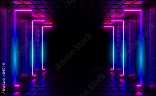 Multicolored neon lamps in a dark tunnel. Reflections on the walls.