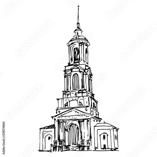 Isolated vector illustration. Tower of orthodox Russian monastery in Suzdal. Hand drawn linear ink sketch. Black and white silhouette.