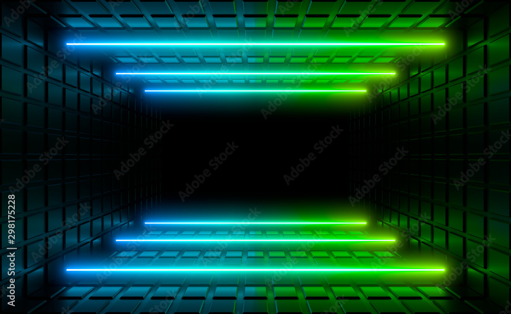 Multicolored neon lamps in a dark tunnel. Reflections on the walls. Multicolored neon lamps in a dark tunnel. Reflections on the walls.