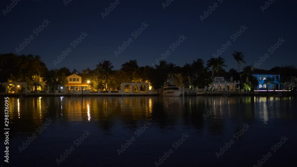 Waterfront mansions Miami Beach at night