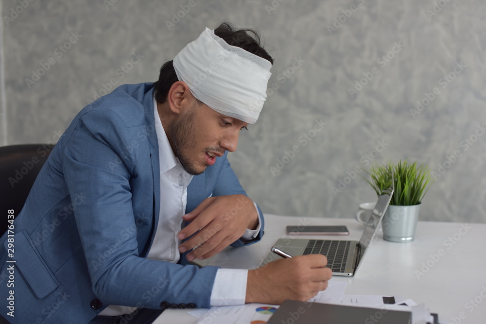 Dedicated company employees work hard and stress Even while injured and ill, business concept Dedicated company employees work hard and stress Even while injured and ill, business concept