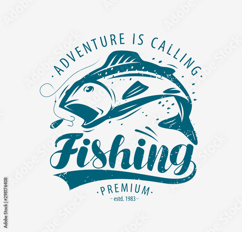 Fishing emblem. Fishery label. Lettering vector illustration