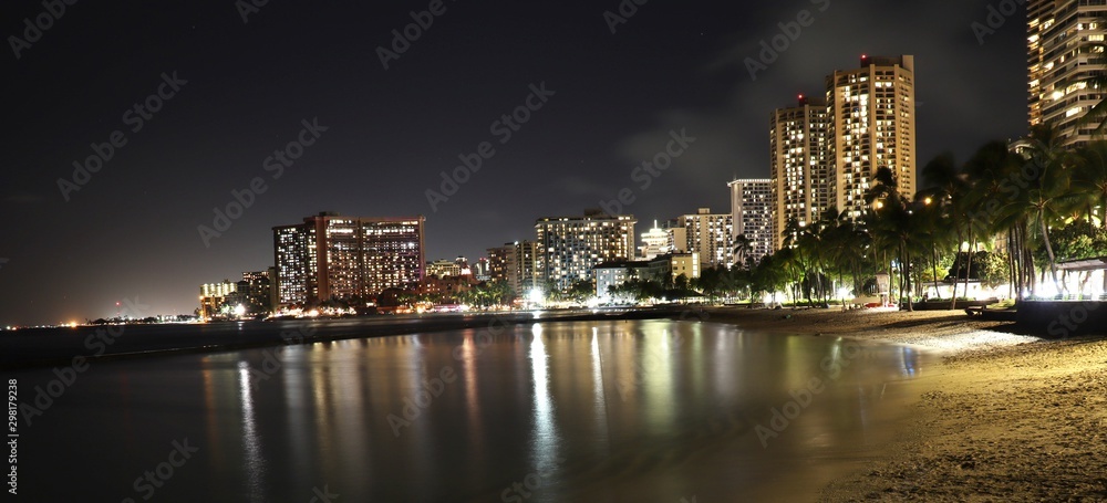 Waikiki Beach skyline at night