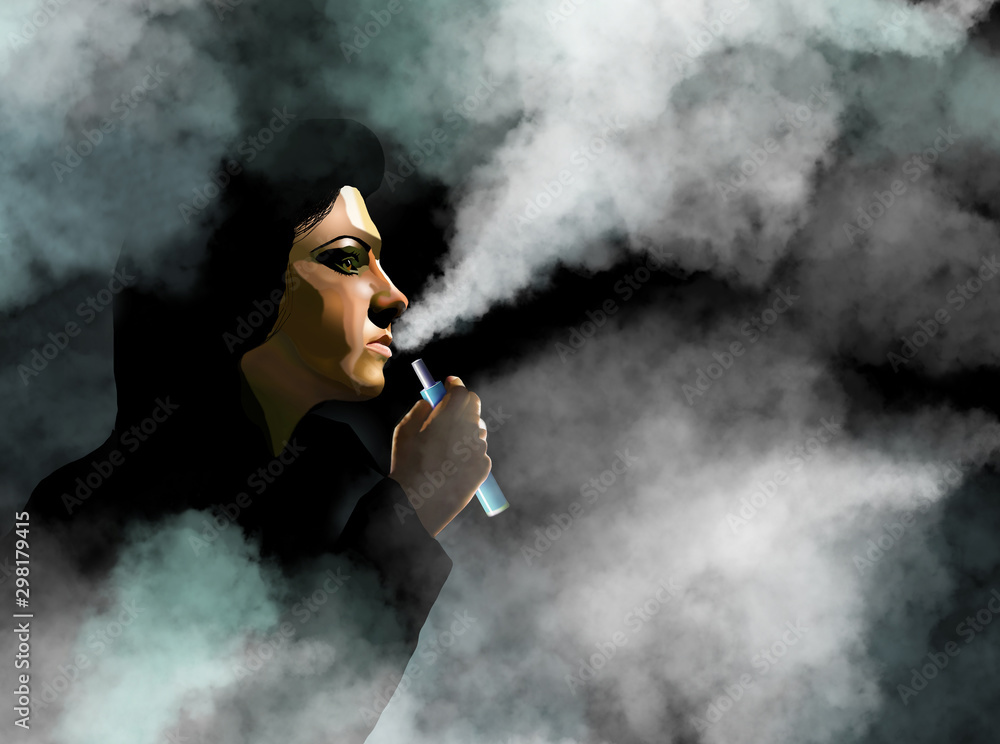 A woman is seen in a cloud of vapor as she vapes in this illustration.