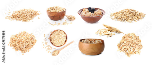 Collage with raw and cooked oatmeal on white background