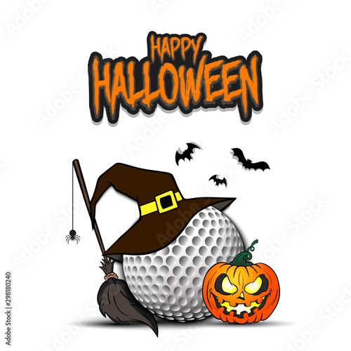 Golf ball with witch hat and happy Hallowen