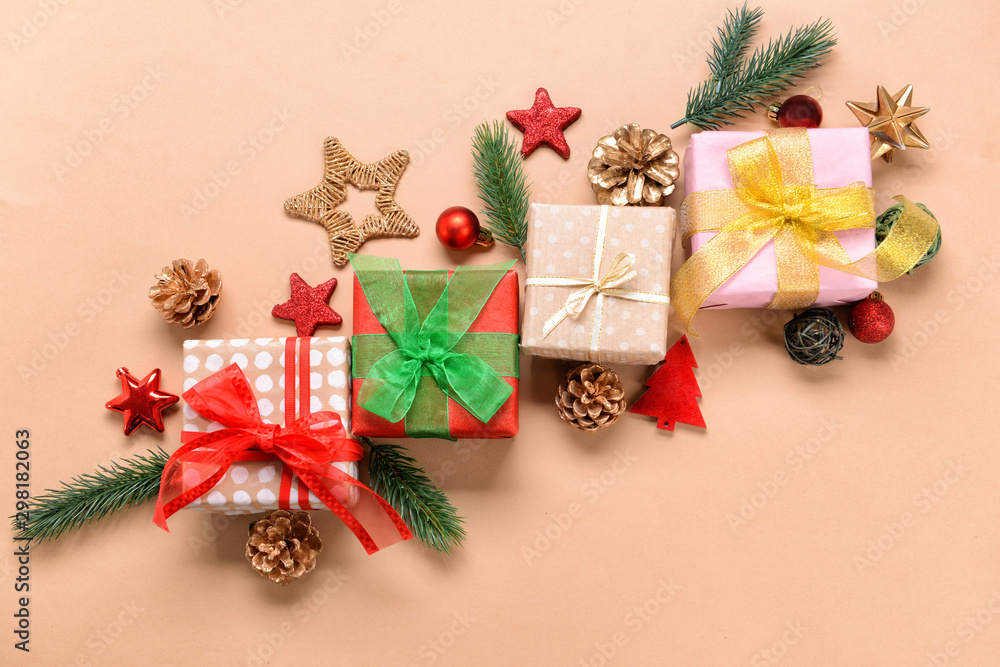 Beautiful Christmas gifts on color background Beautiful Christmas gifts on color background