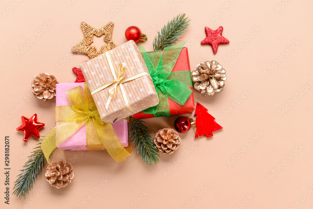 Beautiful Christmas gifts on color background Beautiful Christmas gifts on color background