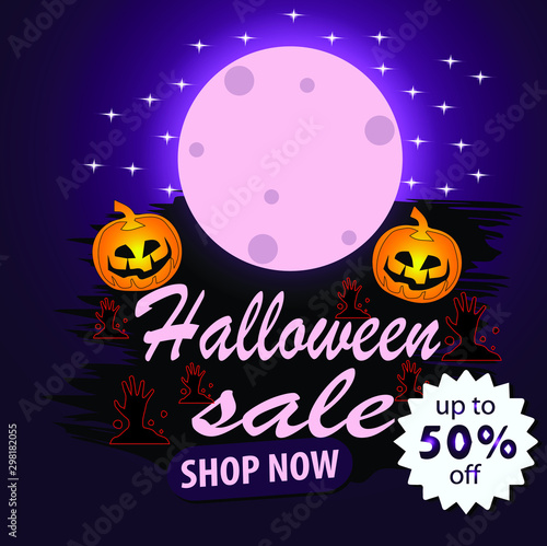 Halloween sale  up to 50  off  modern discount banner with full moon  old castle and pumpkin Jack.editable text