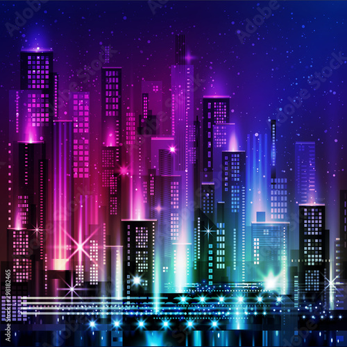 Vector night city illustration with neon glow and vivid colors.
