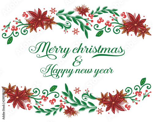 Cute greeting card merry christmas and happy new year  with texture graphic of red wreath frame. Vector