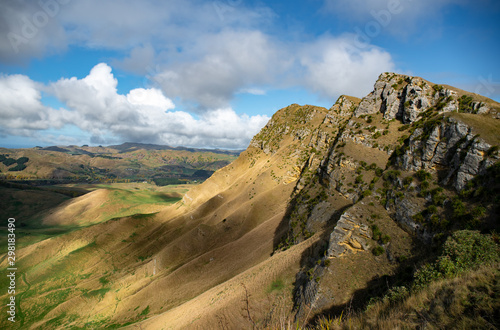 Dramatic and rugged rocky cliffs at Te Mata Peak in rural farming countryside of the Hawkes Bay
