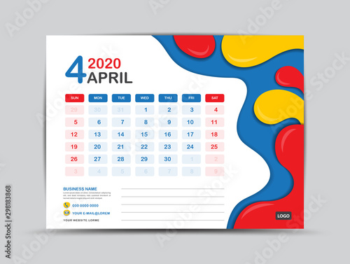 Calendar 2020 template, APRIL, Desk calendar 2020 template, Fluid colorful background, advertisement, Trendy minimal, creative design