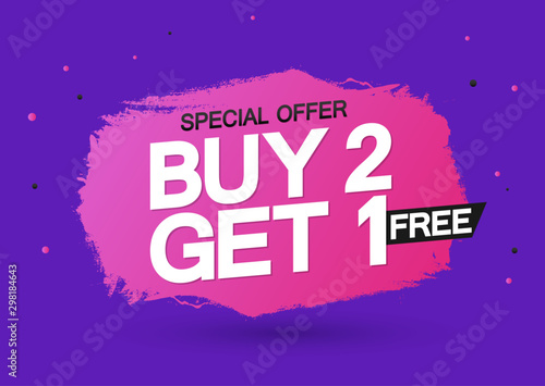 Buy 2 Get 1 Free, Sale banner design template, discount tag, grunge brush, vector illustration