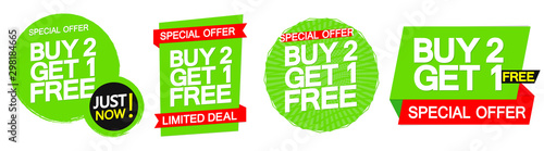 Set Sale bubble banners design template, discount tags, buy 2 get 1 free, special offer, vector illustration