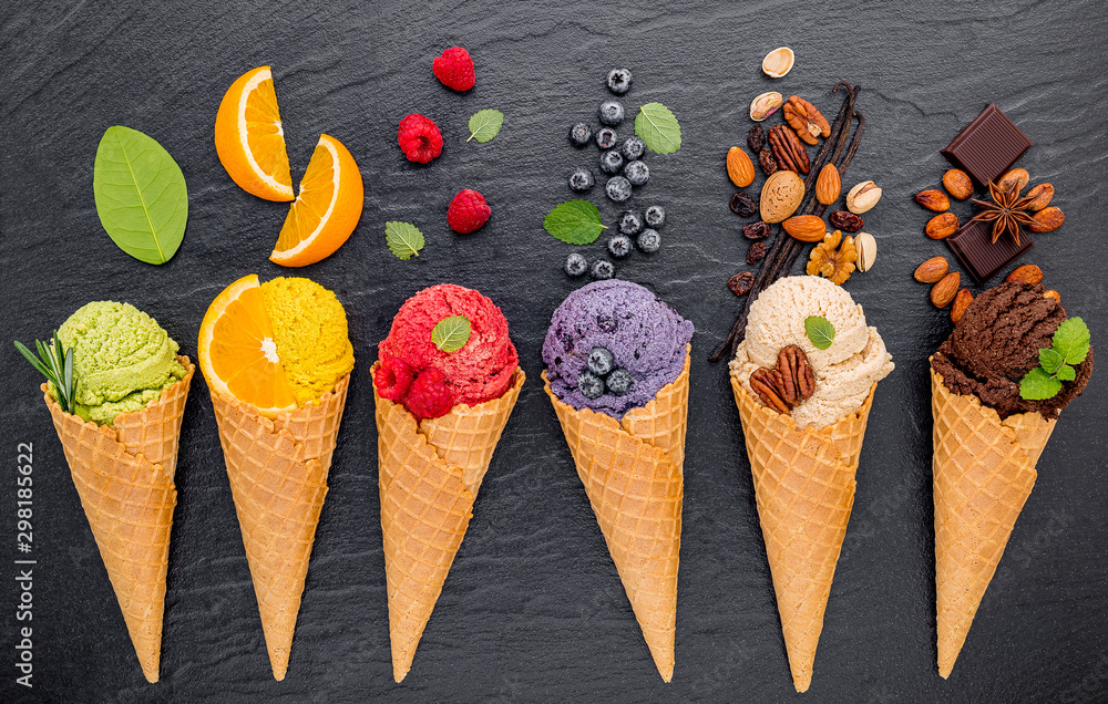 Ice Cream In A Series Of Cones With Different Flavors Background