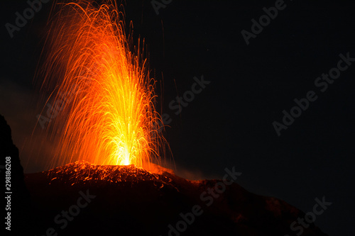 Lava eruption of Stromboli at night
