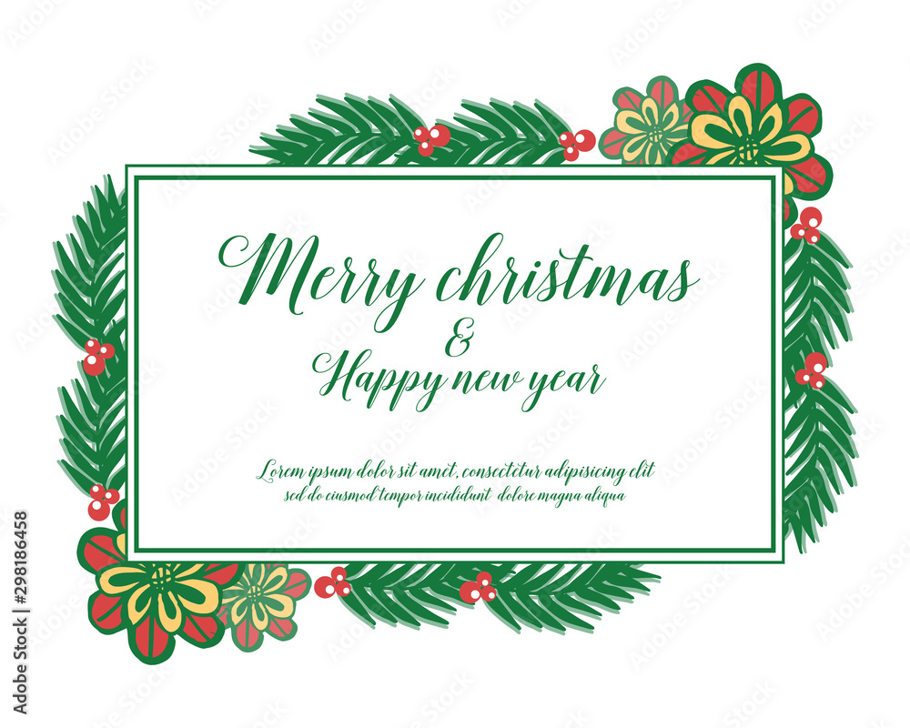Poster design merry christmas and happy new year, with decor elegant colorful flower frame. Vector Poster design merry christmas and happy new year, with decor elegant colorful flower frame. Vector