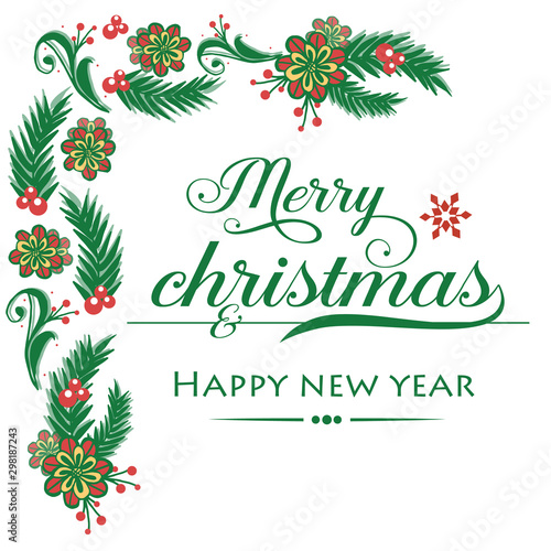 Design element of card merry christmas and happy new year, texture motif of colorful flower frame and green leaves. Vector © StockFloral