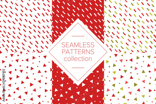 Simple abstract seamless pattern with stripes, triangles and dots. Holiday theme in red for wrapping paper. Background for children's holiday or christmas party decoration, wrapping paper, wallpaper