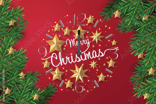 Merry Christmas and Happy New Year. Christmas Clock made by leaves with gold star in red background. Vector illustration.