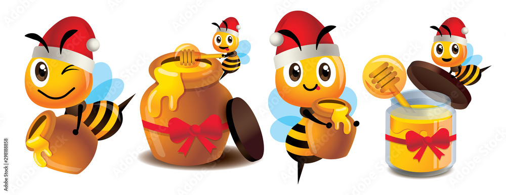 Merry Christmas. Cartoon cute bee mascot set. Cute bee wearing Christmas hat. Cartoon cute bee with honey pot set. Cute bee carries honey pot and organic honey bottle - Vector character mascot set