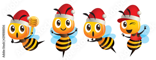 Merry Christmas! Cartoon cute bee mascot set. Cartoon cute bee wearing Christmas hat, showing victory sign, holding a honey dipper and wearing cap - Bee Vector character set