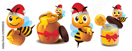 Merry Christmas. Cartoon cute bee mascot set. Cute bee wearing Christmas hat. Cartoon cute bee with honey pot set. Cute bee carries honey pot and organic honey bottle - Vector character mascot set