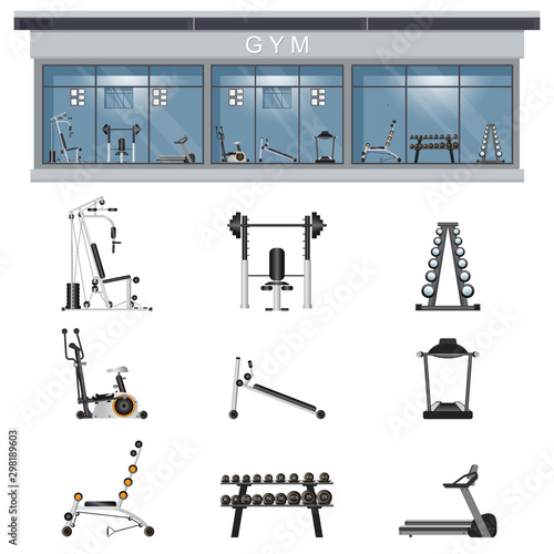 Gym interior icon set with fitness gym equipment isolated on background.
