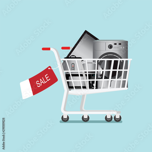 Shopping cart with home appliances and electronics.