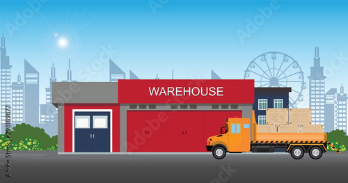 Warehouse building with semi-trailer truck.
