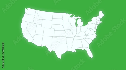 Map of United States of America showing different states. Animated usa contiguous lower 48 u.s. state map on an isolated green screen chroma key background. 4K animation
