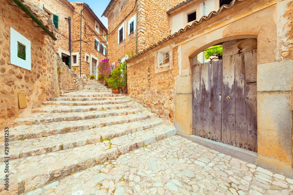 Fornalutx Majorca Spain old romantic historic town village with stone steps and flowers